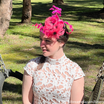 Tulla/Petite Teardrop Velvet Hat with Pink Feather Accents