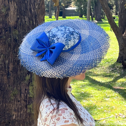 Izzy/Blue and Ivory Buntal Brim Hat with Vintage Lace