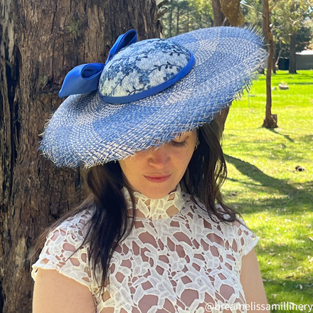 Izzy/Blue and Ivory Buntal Brim Hat with Vintage Lace