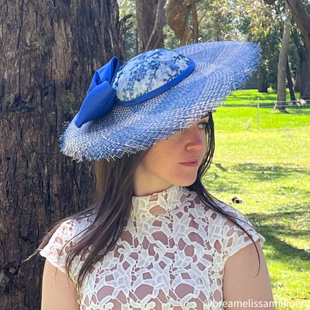 Izzy/Blue and Ivory Buntal Brim Hat with Vintage Lace