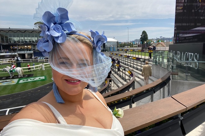 Pale blue flowered and pleated crinoline headband