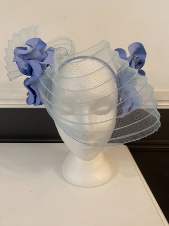 Pale blue flowered and pleated crinoline headband