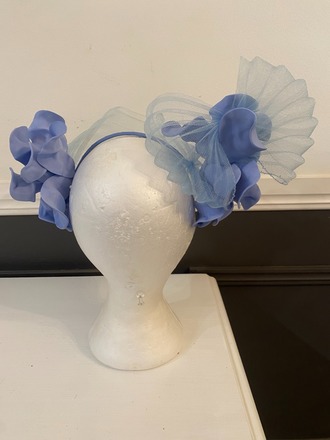 Pale blue flowered and pleated crinoline headband