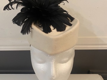 For Rent: White Felt Pillbox with Black Feathered Flower