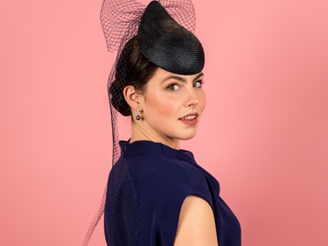For Sale: Kennedy Straw Button with vintage veiling bow in navy