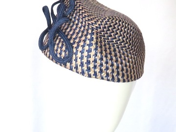 For Sale: Navy Blue and Natural Checkerboard Swirl Percher Hat