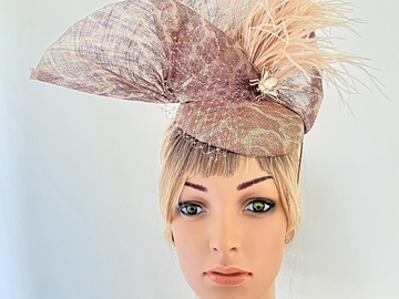 For Sale: Nude / Beige Button Hat with Ostrich Feathers