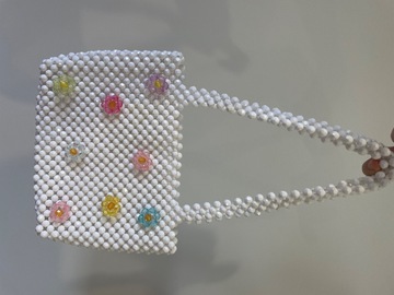 For Rent: White beaded bag with flower bead detail 