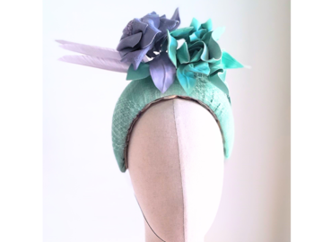 For Sale: Mint Green and Lilac Sinamay Crown with Leather and Feathers