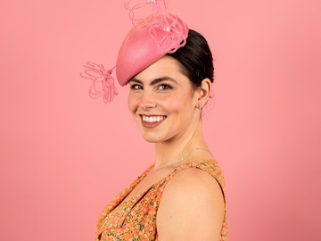For Sale: Lori Beret in Straw with Floating Wire Peony in Pink