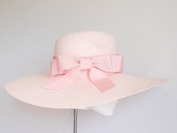For Sale: Pink straw wide fedora brim hat with double petersham ribbon