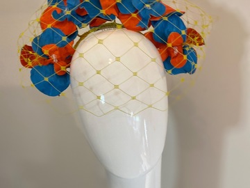 For Sale: Floral leather headband in blue, orange and yellow