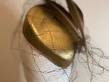 For Sale:  Gold leather Percher with feather and vintage veil