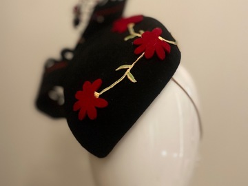 For Sale: Black wool felt with red felt embroidered flowers 