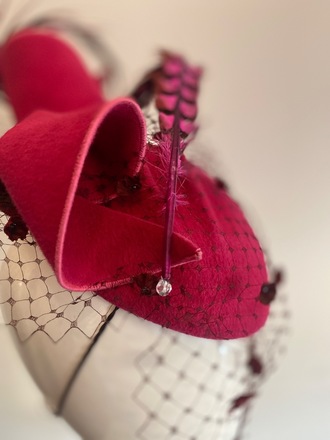 Pink fur felt mini beret with swirls