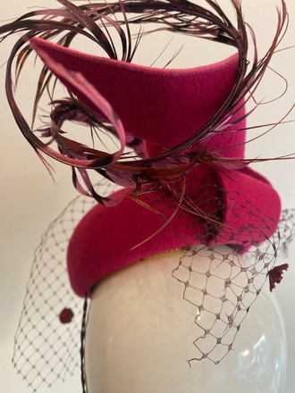 Pink fur felt mini beret with swirls