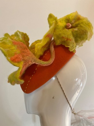 Orange wool felt percher with hand felted flowers