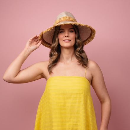 Moraka natural straw wide brimed hat with tassel trim edge S