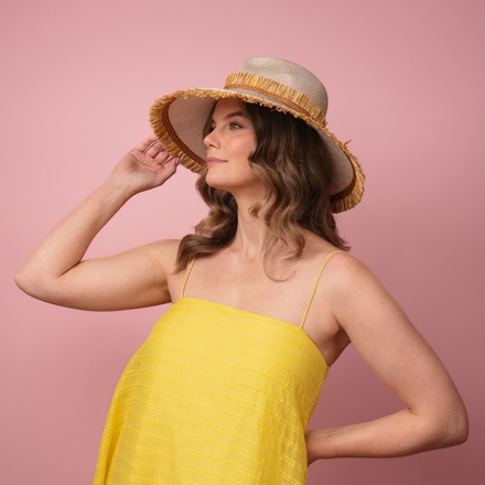 Moraka natural straw wide brimed hat with tassel trim edge S