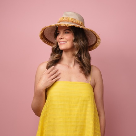 Moraka natural straw wide brimed hat with tassel trim edge S