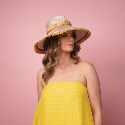 Moraka natural straw wide brimed hat with tassel trim edge S