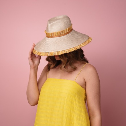 Moraka natural straw wide brimed hat with tassel trim edge S