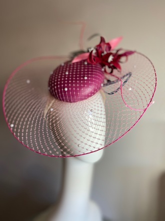 Magenta / teal leather hat with veil