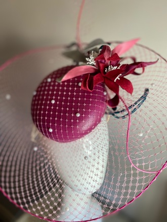 Magenta / teal leather hat with veil