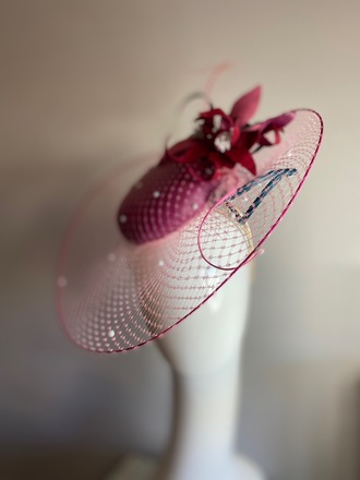 Magenta / teal leather hat with veil