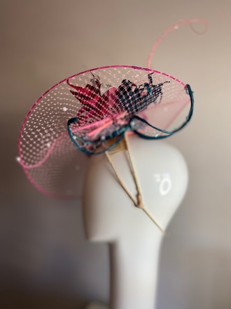 Magenta / teal leather hat with veil