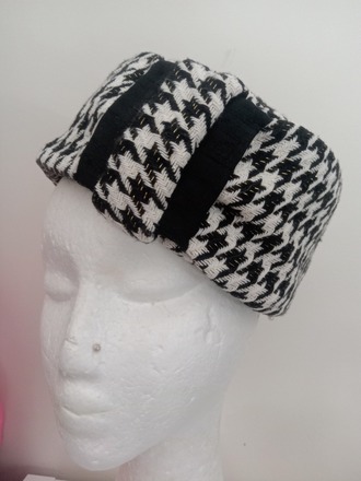 Black and white houndstooth pillbox hat