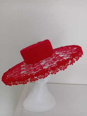 Red lace large brim boater hat