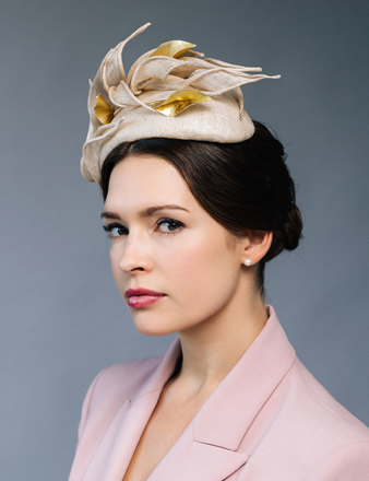 Lady M, straw halo with gold leaves