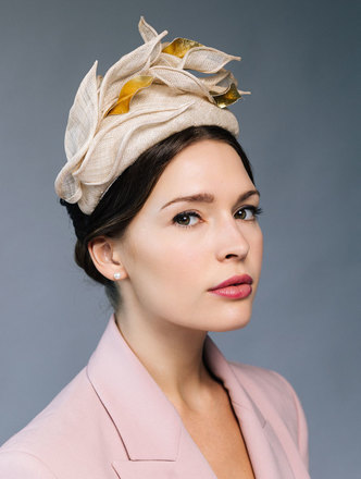 Lady M, straw halo with gold leaves