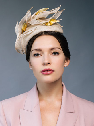 Lady M, straw halo with gold leaves