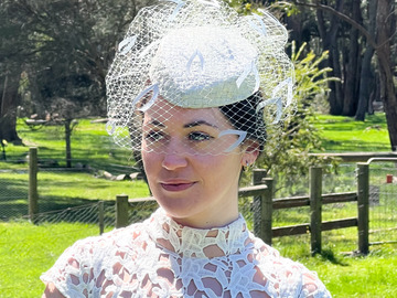 For Rent: Gemma Grey/Elegant Teardrop Hat with Feather Arrow Veil