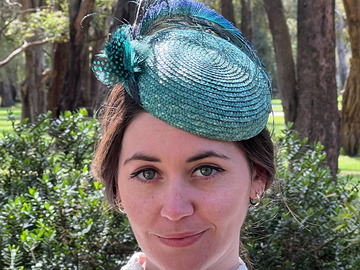 For Rent: Michelle/ Aged Jade Vintage Straw Hat with Peacock Swords