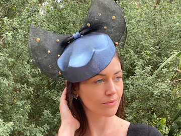 For Rent: Missy/ Blue Metallic Leather Percher Hat with Black Bow