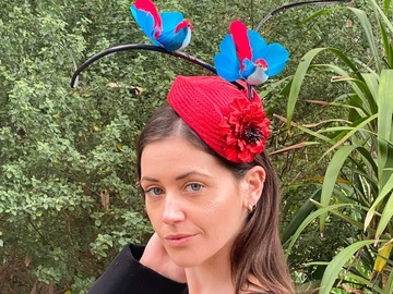 For Rent: Sky/Red Air Hostess with Hand-Curled Quills & Leather Flower