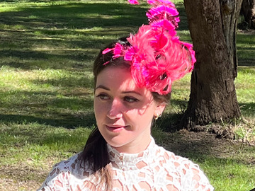 For Rent: Tulla/Petite Teardrop Velvet Hat with Pink Feather Accents