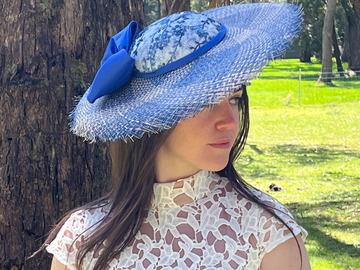 For Rent: Izzy/Blue and Ivory Buntal Brim Hat with Vintage Lace