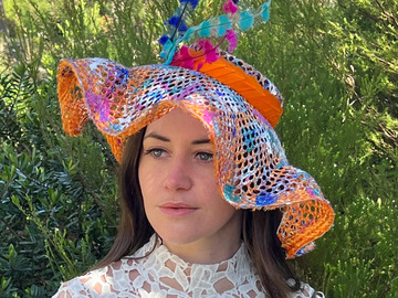 For Rent: Joanne/Hand-Painted Orange Sisal Hat with Ostrich Feathers