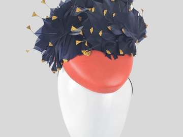 For Sale: VALENTINA Mandarin Orange & Navy Leather Cocktail Hat