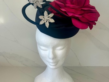 For Sale: Julie Anne Lucas Black with Rose & diamante flowers Pillbox