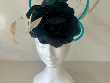 For Sale: Turquoise, Black flowers and cream feathers fascinator 