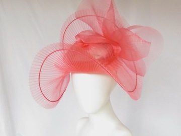For Sale: Coral Pink Watermelon Red Crinoline Big Brim Hat Headpiece