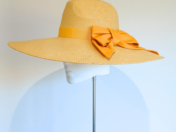 For Sale: Women's Mustard Yellow Leather Bow Straw Wide Brim fedora ha