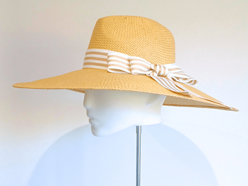 For Sale: Women's Mustard Straw Wide Brim fedora hat with double peter