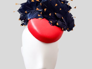 For Sale: VALENTINA Mandarin Orange & Navy Leather Cocktail Hat