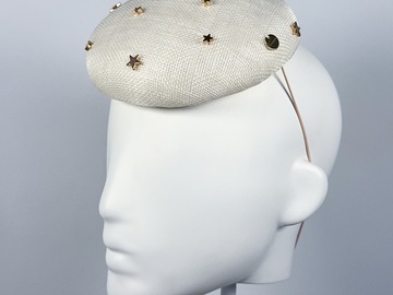 For Sale: Ivory Sinamay Button Beret with Gold Star Beading